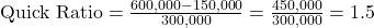 \text{Quick Ratio} = \frac{600,000 - 150,000}{300,000} = \frac{450,000}{300,000} = 1.5