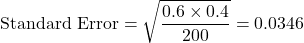 \[ \text{Standard Error} = \sqrt{\frac{0.6 \times 0.4}{200}} = 0.0346 \]