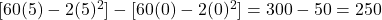 [60(5) - 2(5)^2] - [60(0) - 2(0)^2] = 300 - 50 = 250