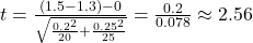 t = \frac{(1.5 - 1.3) - 0}{\sqrt{\frac{0.2^2}{20} + \frac{0.25^2}{25}}} = \frac{0.2}{0.078} \approx 2.56