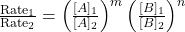 \frac{\text{Rate}_1}{\text{Rate}_2} = \left( \frac{[A]_1}{[A]_2} \right)^m \left( \frac{[B]_1}{[B]_2} \right)^n