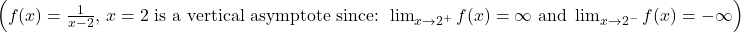 \left(f(x) = \frac{1}{x - 2}, \, x = 2 \text{ is a vertical asymptote since: } \lim_{x \to 2^+} f(x) = \infty \text{ and } \lim_{x \to 2^-} f(x) = -\infty\right)