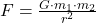 F = \frac{G \cdot m_{1} \cdot m_{2}}{r^{2}}