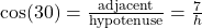 \cos(30°) = \frac{\text{adjacent}}{\text{hypotenuse}} = \frac{7}{h}