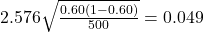 2.576 \sqrt{\frac{0.60(1 - 0.60)}{500}} = 0.049