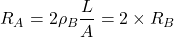 \[ R_A = 2 \rho_B \frac{L}{A} = 2 \times R_B \]