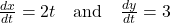 \frac{dx}{dt} = 2t \quad \text{and} \quad \frac{dy}{dt} = 3