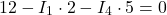 \[ 12 - I_1 \cdot 2 - I_4 \cdot 5 = 0 \]