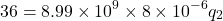 \[ 36 = 8.99 \times 10^9 \times 8 \times 10^{-6} q_2 \]