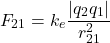 \[ F_{21} = k_e \frac{|q_2 q_1|}{r_{21}^2} \]