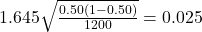 1.645 \sqrt{\frac{0.50(1 - 0.50)}{1200}} = 0.025