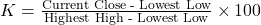 K = \frac{\text{Current Close - Lowest Low}}{\text{Highest High - Lowest Low}} \times 100%