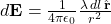 d\mathbf{E} = \frac{1}{4\pi\epsilon_{0}} \frac{\lambda \, dl \, \hat{\mathbf{r}}}{r^{2}}