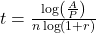 t = \frac{\log\left(\frac{A}{P}\right)}{n \log(1 + r)}