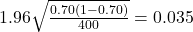 1.96 \sqrt{\frac{0.70(1 - 0.70)}{400}} = 0.035