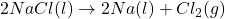 2NaCl(l) \rightarrow 2Na(l) + Cl_2(g)