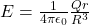 E = \frac{1}{4\pi\epsilon_{0}} \frac{Qr}{R^{3}}