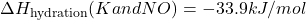 \Delta H_{\text{hydration}} (K⁺ and NO₃⁻) = -33.9 kJ/mol