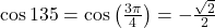 \cos 135° = \cos \left(\frac{3\pi}{4}\right) = -\frac{\sqrt{2}}{2}