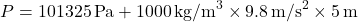 \[ P = 101325 \, \text{Pa} + 1000 \, \text{kg/m}^3 \times 9.8 \, \text{m/s}^2 \times 5 \, \text{m} \]