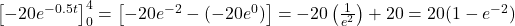 \left[ -20e^{-0.5t} \right]_{0}^{4} = \left[ -20e^{-2} - (-20e^{0}) \right] = -20\left(\frac{1}{e^2}\right) + 20 = 20(1 - e^{-2})