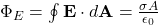 \Phi_{E} = \oint \mathbf{E} \cdot d\mathbf{A} = \frac{\sigma A}{\epsilon_{0}}