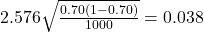2.576 \sqrt{\frac{0.70(1 - 0.70)}{1000}} = 0.038