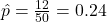 \hat{p} = \frac{12}{50} = 0.24