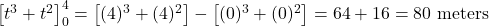 \left[ t^3 + t^2 \right]_{0}^{4} = \left[ (4)^3 + (4)^2 \right] - \left[ (0)^3 + (0)^2 \right] = 64 + 16 = 80 \text{ meters}