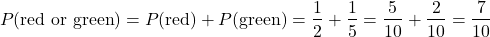 \[ P(\text{red or green}) = P(\text{red}) + P(\text{green}) = \frac{1}{2} + \frac{1}{5} = \frac{5}{10} + \frac{2}{10} = \frac{7}{10} \]