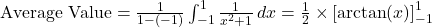 \text{Average Value} = \frac{1}{1 - (-1)} \int_{-1}^{1} \frac{1}{x^2 + 1} \, dx = \frac{1}{2} \times \left[ \arctan(x) \right]_{-1}^{1}