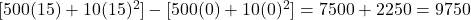 [500(15) + 10(15)^2] - [500(0) + 10(0)^2] = 7500 + 2250 = 9750