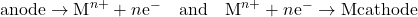 {\text{anode}} \rightarrow \text{M}^{n+} + n\text{e}^- \quad \text{and} \quad \text{M}^{n+} + n\text{e}^- \rightarrow \text{M}{\text{cathode}}