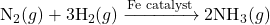 \text{N}_2 (g) + 3\text{H}_2 (g) \xrightarrow{\text{Fe catalyst}} 2\text{NH}_3 (g)