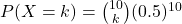 P(X = k) = \binom{10}{k} (0.5)^{10}