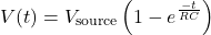 \[ V(t) = V_{\text{source}} \left(1 - e^{\frac{-t}{RC}}\right) \]