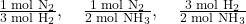 \frac{1 \text{ mol N}_2}{3 \text{ mol H}_2}, \quad \frac{1 \text{ mol N}_2}{2 \text{ mol NH}_3}, \quad \frac{3 \text{ mol H}_2}{2 \text{ mol NH}_3}