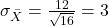 \sigma_{\bar{X}} = \frac{12}{\sqrt{16}} = 3