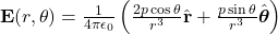 \mathbf{E}(r, \theta) = \frac{1}{4\pi\epsilon_{0}} \left( \frac{2p \cos \theta}{r^{3}} \hat{\mathbf{r}} + \frac{p \sin \theta}{r^{3}} \hat{\boldsymbol{\theta}} \right)