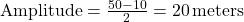 \text{Amplitude} = \frac{50 - 10}{2} = 20 \, \text{meters}