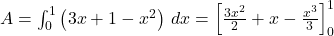 A = \int_{0}^{1} \left( 3x + 1 - x^2 \right) \, dx = \left[ \frac{3x^2}{2} + x - \frac{x^3}{3} \right]_{0}^{1}