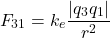 \[ F_{31} = k_e \frac{|q_3 q_1|}{r^2} \]