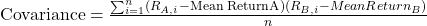 \text{Covariance} = \frac{\sum_{i=1}^n (R_{A,i} - \text{Mean ReturnA})(R_{B,i} - Mean Return_B)}{n}